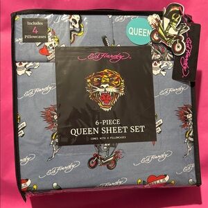 Ed Hardy Blue Queen Sheet Set with Tattoo Designs